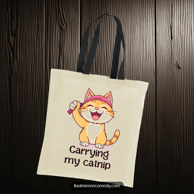 Funny Cat Badminton Tote Bag: A joyful cat in a sweatband celebrating a successful badminton shot, ideal for carrying essentials.