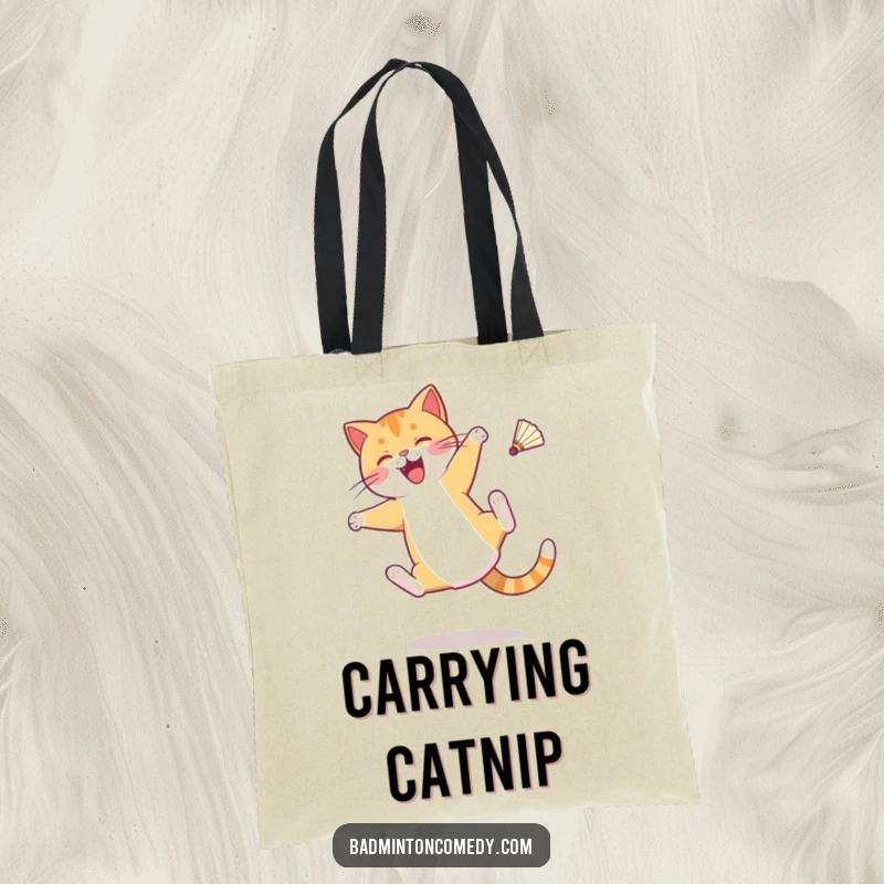 Funny tote bag with a cat character doing a cartwheel with a shuttlecock mid-air, perfect for carrying daily items.