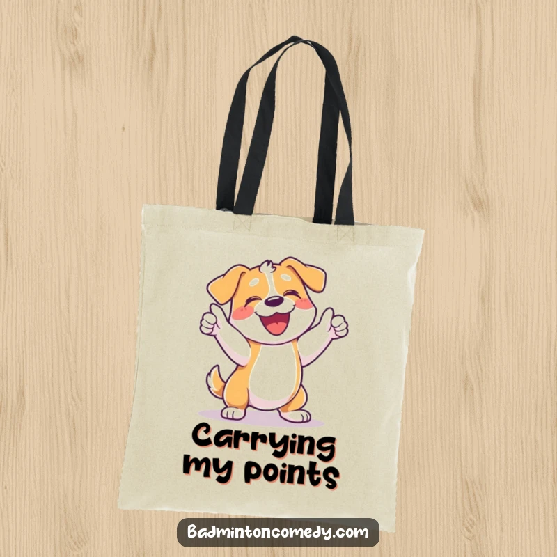 Funny dog tote bag depicting a happy dog celebrating a tennis point with a loud bark and a racket swing.
