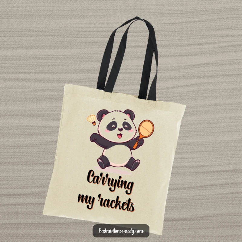 Funny panda tote bag, a playful bear comically chasing a shuttlecock with a racket, perfect for carrying essentials with a humorous touch.
