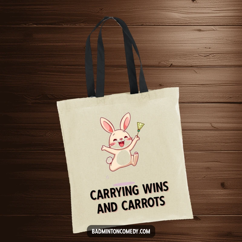Funny Tote Bag: A cheerful rabbit leaps high to smash a badminton shuttlecock, showcasing athletic prowess with a grin.