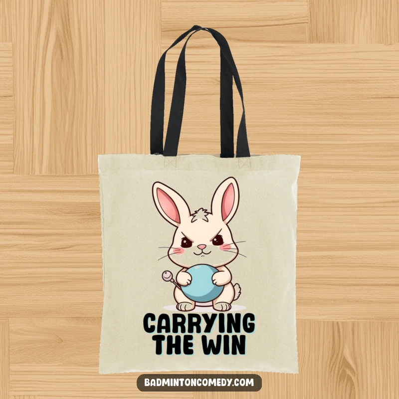 Funny rabbit tote bag depicting a determined rabbit ready to play tennis with a wide, funny, game-ready grin.