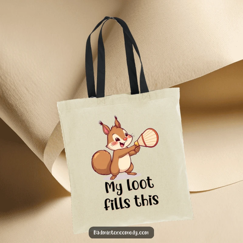 Funny Squirrel Badminton Tote Bag: A cheerful squirrel serving a shuttlecock with a mighty swing, perfect for carrying essentials humorously.