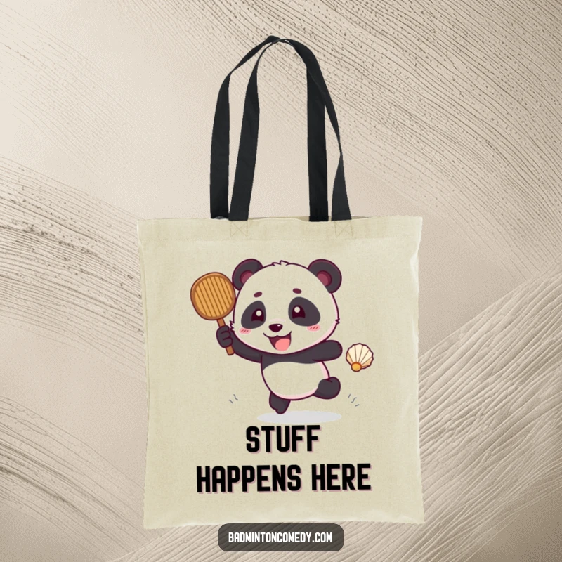 Funny panda excitedly chasing a shuttlecock across a badminton court, printed on a durable tote bag.