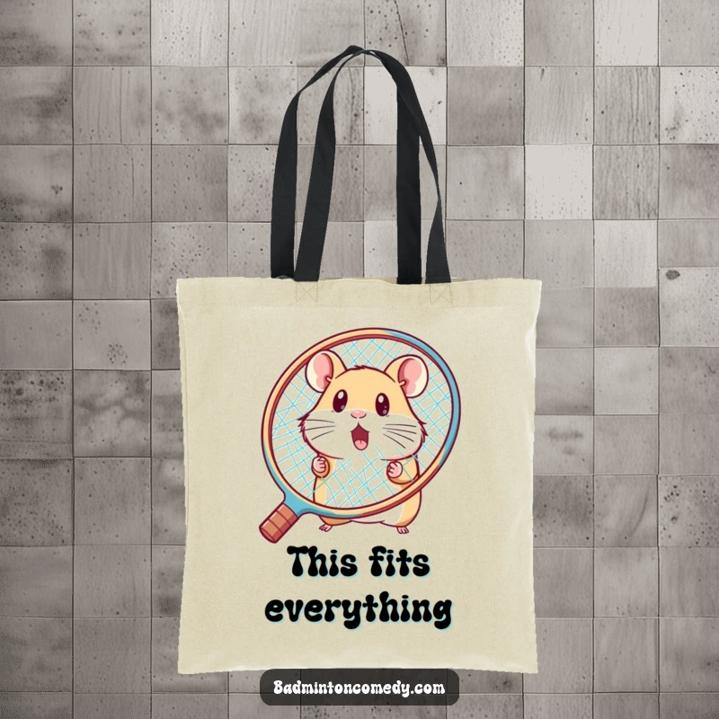 Funny hamster peeking behind a large racket, surprised, on a charming badminton tote bag, perfect for gifting.
