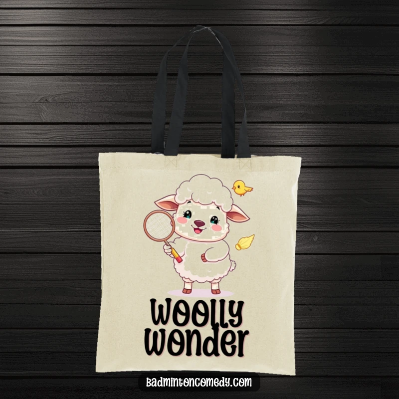 Funny Sheep Tote Bag: A sturdy tote bag with an illustration of a happy sheep serving a badminton shuttlecock.